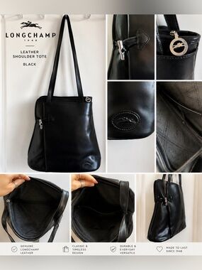 Longchamp Black Leather Shoulder Tote with Silver Hardware